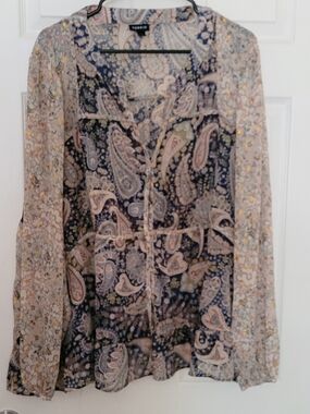 Torrid Navy and Cream Paisley Sheer Georgette Button-front Blouse